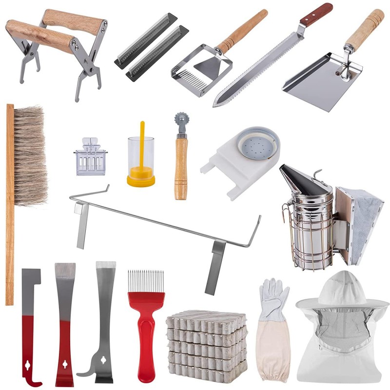 Beehive Starter Kit, 10-Frame Bee Hives & 24Pcs Beekeeping Supplies Tools Kit, Wax Coated and Painted Honey Bee Box and Professional Beekeeping Starter Tools