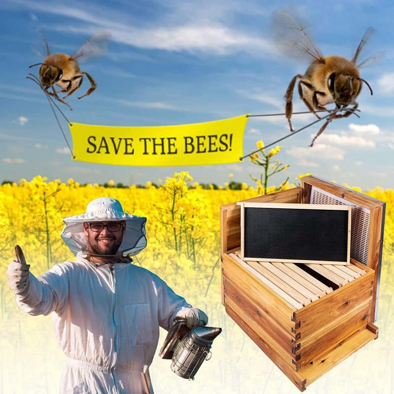 Beehive Starter Kit, 10-Frame Bee Hives & 24Pcs Beekeeping Supplies Tools Kit, Wax Coated and Painted Honey Bee Box and Professional Beekeeping Starter Tools