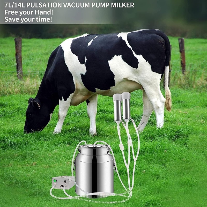 LQQSD Milking Machine for Cows, Automatic Pulsation Vacuum Pump Cow Milker Food-Grade Cow Milking Machine, Goat, Supplies for Calf, Cattle (7L,14L) (Color : for Cow, Size : Battery Milker 14L)