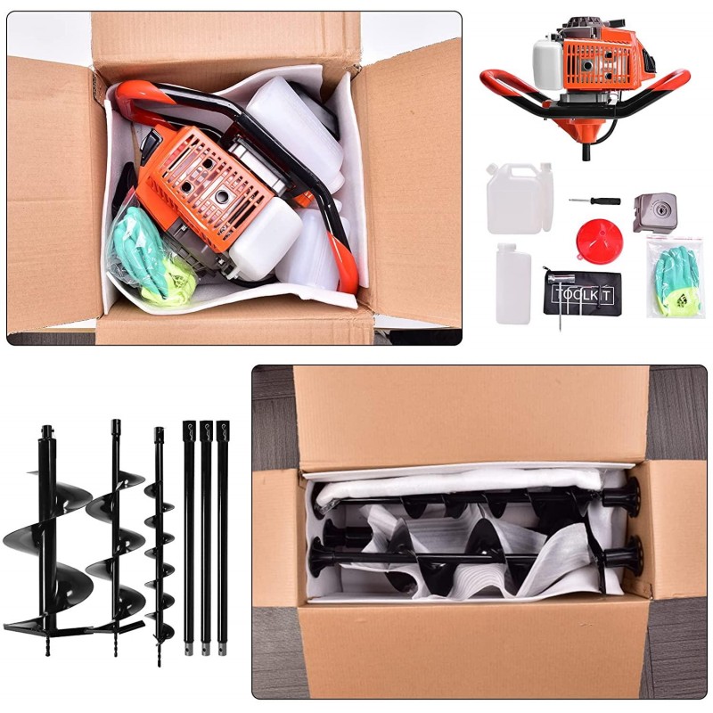 DatingDay 72cc Auger Post Hole Digger,2-Stroke 4HP Gas Powered Earth Digging Engine with 3 Auger Drill Bits (4