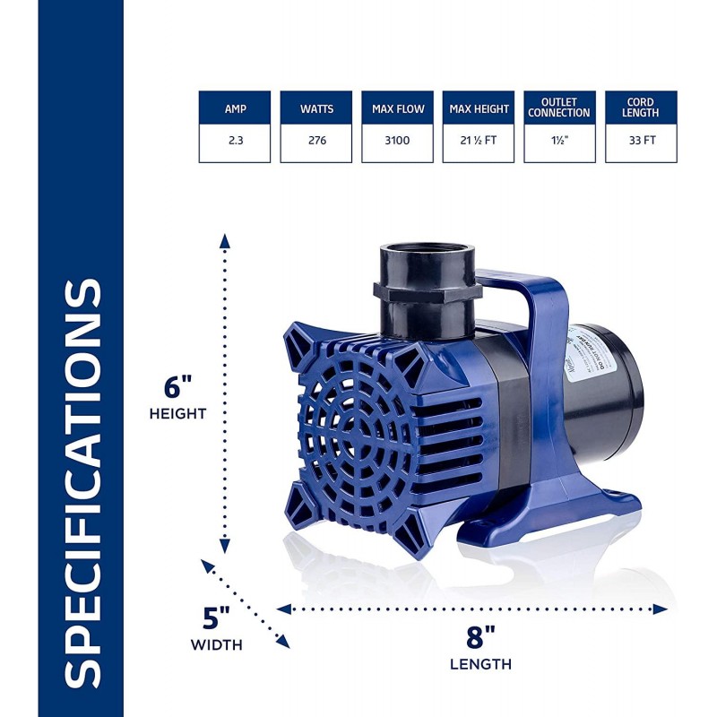 Alpine Corporation Alpine PAL3100 Cyclone Pond Pump-3100 GPH-for Fountains, Waterfalls, and Water Circulation Pump, 10.8