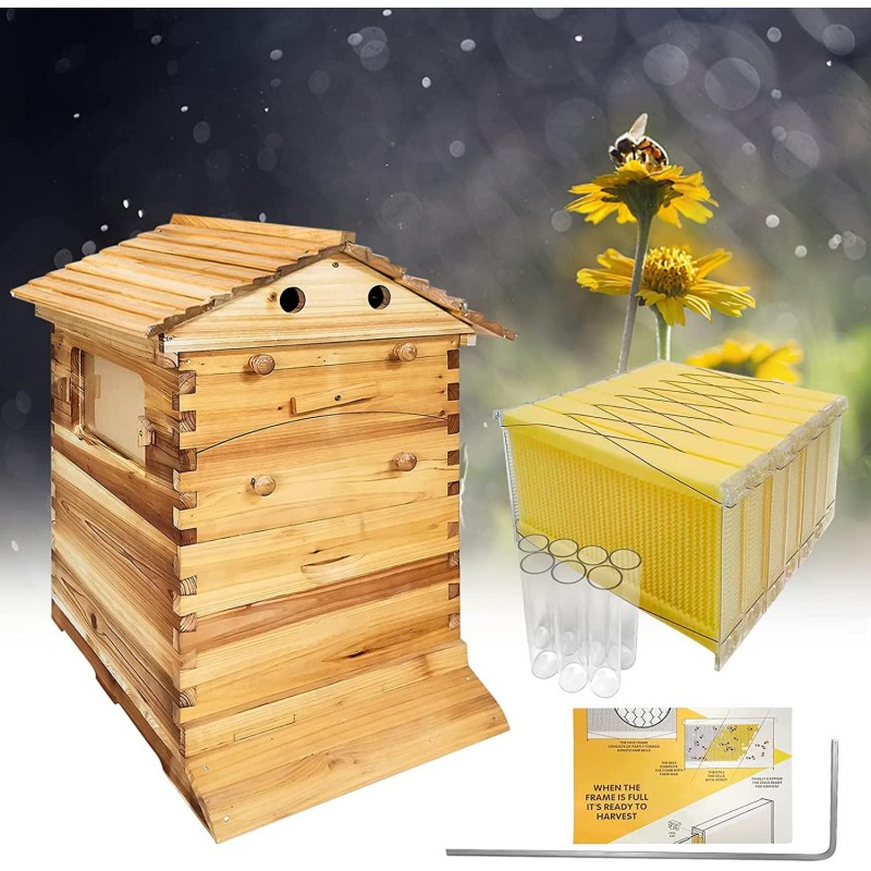 Auto Flow Beehive,Wooden Beekeeping House Beehive Boxes with 7 PCS Auto Bee Hive Frame,Automatic Wooden Bee Hive House Kit,Food Grade BPA Free (Beehive Frame+Wooden Box)