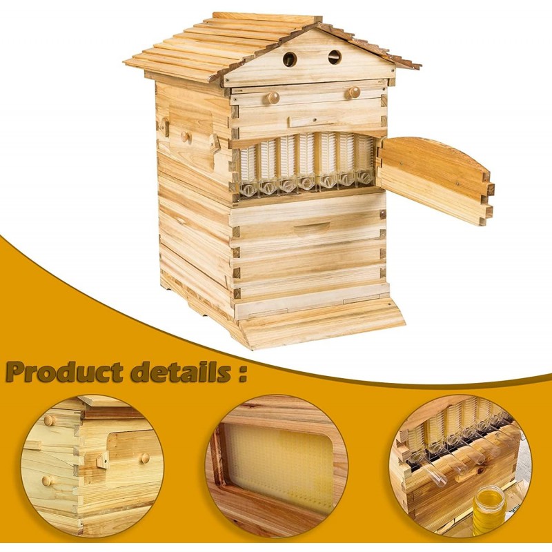Auto Flow Beehive,Wooden Beekeeping House Beehive Boxes with 7 PCS Auto Bee Hive Frame,Automatic Wooden Bee Hive House Kit,Food Grade BPA Free (Beehive Frame+Wooden Box)