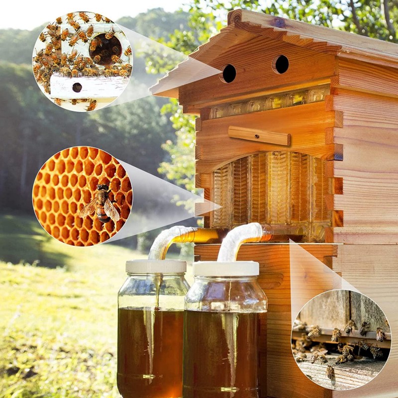 Auto Flow Beehive,Wooden Beekeeping House Beehive Boxes with 7 PCS Auto Bee Hive Frame,Automatic Wooden Bee Hive House Kit,Food Grade BPA Free (Beehive Frame+Wooden Box)