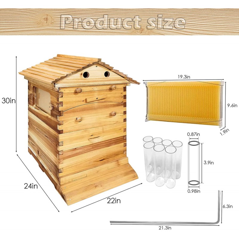 Auto Flow Beehive,Wooden Beekeeping House Beehive Boxes with 7 PCS Auto Bee Hive Frame,Automatic Wooden Bee Hive House Kit,Food Grade BPA Free (Beehive Frame+Wooden Box)