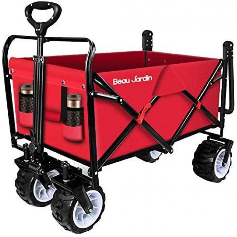 BEAU JARDIN Folding Push Pull Beach Wagon Collapsible Cart 300 Pound Capacity Utility Camping Grocery Canvas Portable Buggies Outdoor Garden Sport Heavy Duty Shopping Wide All Terrain Wheel BG229