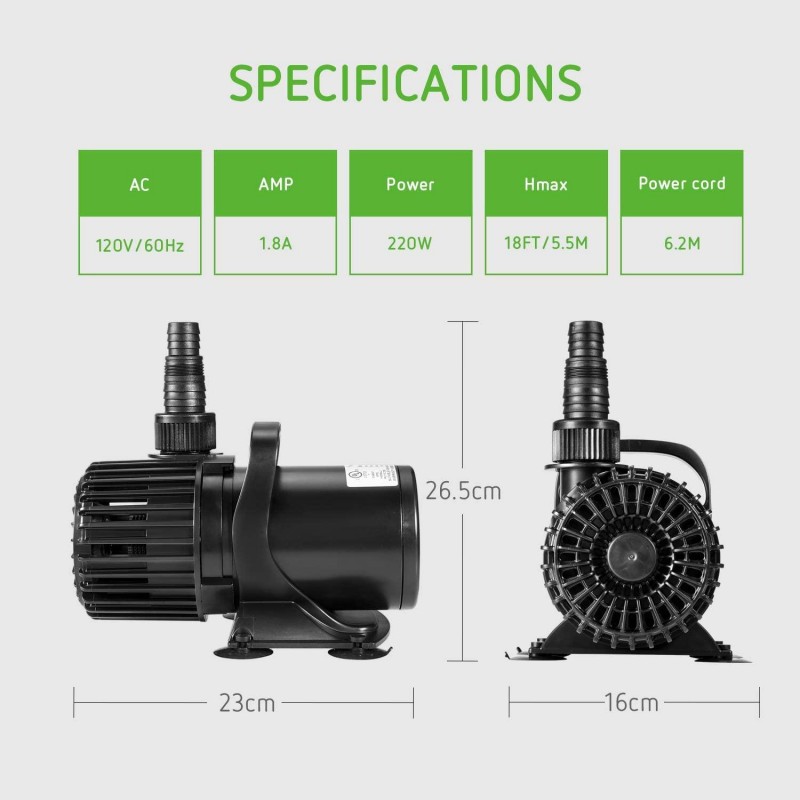 VIVOSUN 4500GPH Submersible Water Pump 220W Ultra Quiet Pump with 20.3ft Power Cord High Lift for Pond Waterfall Fish Tank Statuary Hydroponic