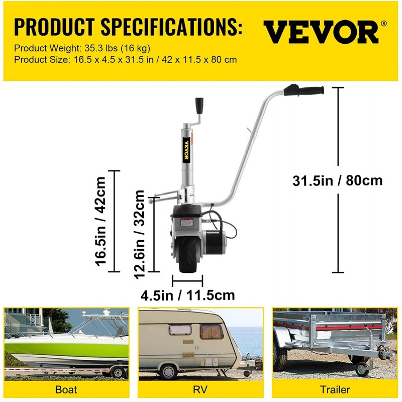 Happybuy Trailer Mover 350W 12V Electric Trailer Jack Max Vehicle Load 5000Lbs Trailer Jockey Wheel Utility Trailer Jack Easy to Maneuver Trailer Caravan Boat (12V/350W)