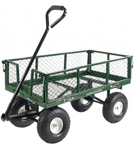 HORSESHOE Heavy Duty Max. Load 880LBS Capacity Mesh Steel Garden Cart, Utility Wagon w/Removable Sides and installed 4.10/3.50-4 Flat Free Tire on Wheels (GREEN)