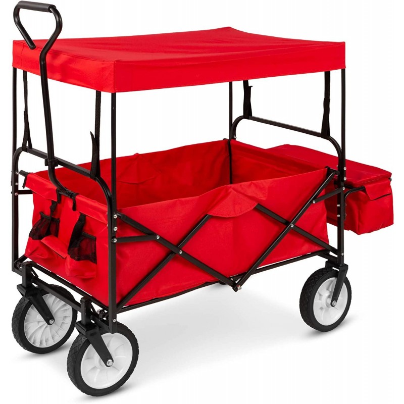 Best Choice Products Utility Cargo Wagon Cart for Beach, Camping, Groceries w/Folding Design, Removable Canopy, Cup Holders - Red