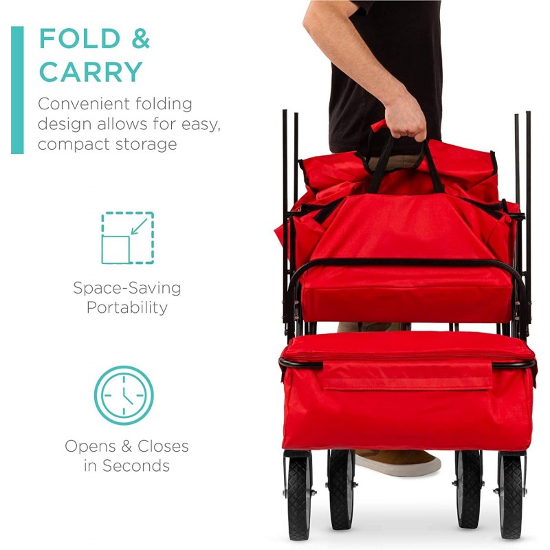 Best Choice Products Utility Cargo Wagon Cart for Beach, Camping, Groceries w/Folding Design, Removable Canopy, Cup Holders - Red