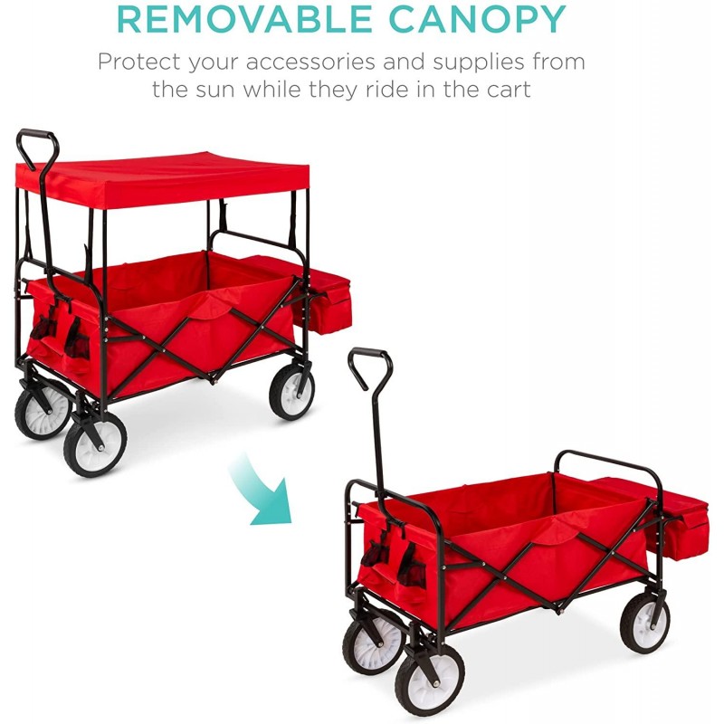 Best Choice Products Utility Cargo Wagon Cart for Beach, Camping, Groceries w/Folding Design, Removable Canopy, Cup Holders - Red