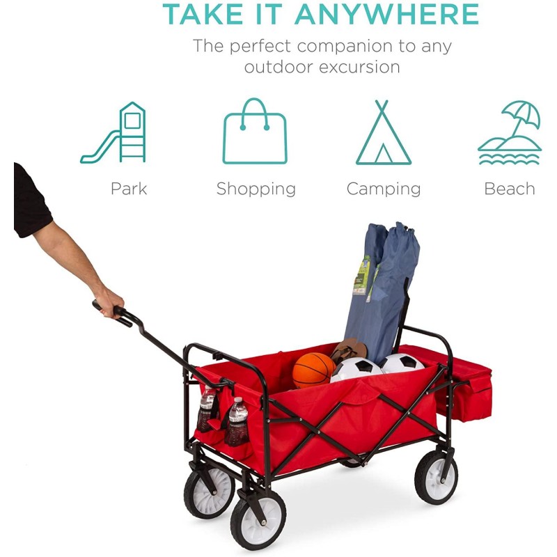 Best Choice Products Utility Cargo Wagon Cart for Beach, Camping, Groceries w/Folding Design, Removable Canopy, Cup Holders - Red