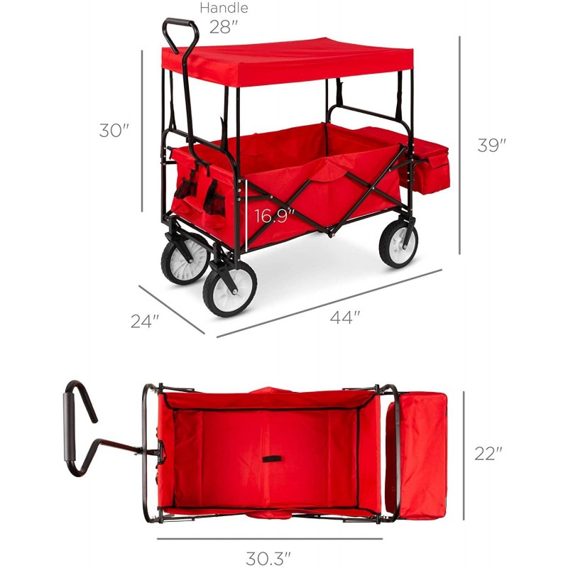 Best Choice Products Utility Cargo Wagon Cart for Beach, Camping, Groceries w/Folding Design, Removable Canopy, Cup Holders - Red