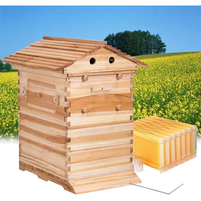 Tberar Wooden Flow Hive Beehive House kit with 7Pcs Auto Beehive Frame Comb, Beekeeping Wooden House Beehive Boxes, Beehives and Supplies Starter Kit for Beekeepers