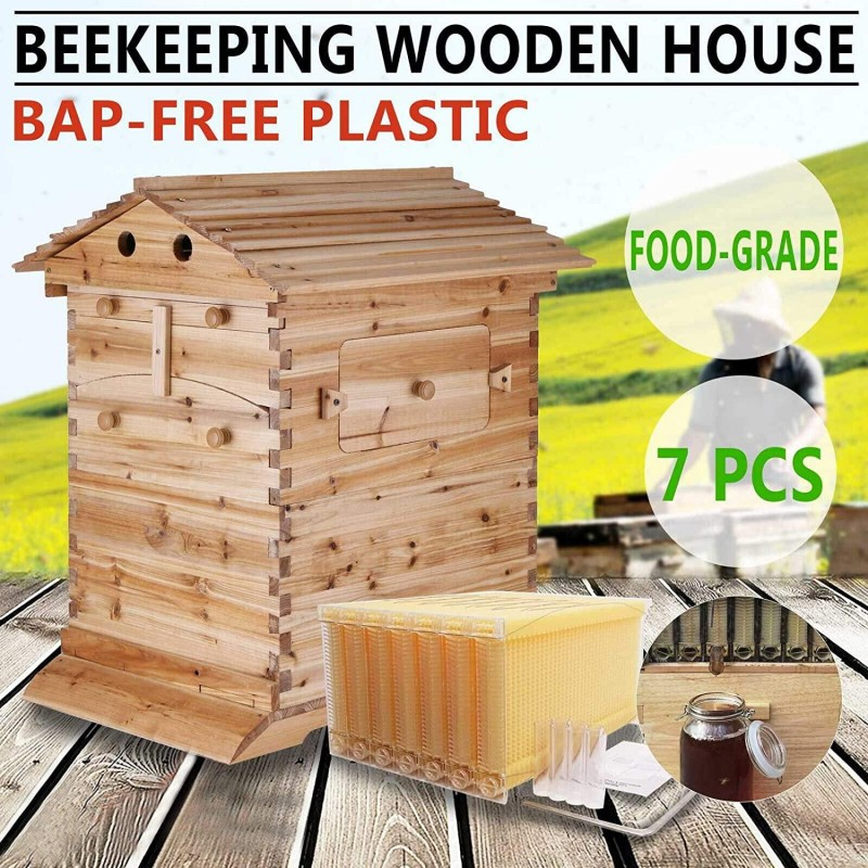 Tberar Wooden Flow Hive Beehive House kit with 7Pcs Auto Beehive Frame Comb, Beekeeping Wooden House Beehive Boxes, Beehives and Supplies Starter Kit for Beekeepers