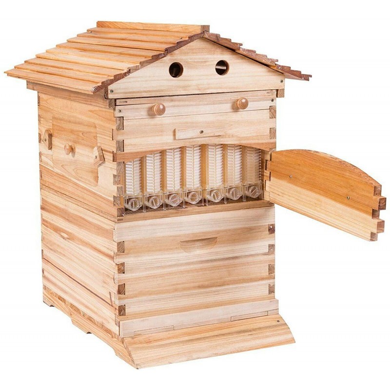 Tberar Wooden Flow Hive Beehive House kit with 7Pcs Auto Beehive Frame Comb, Beekeeping Wooden House Beehive Boxes, Beehives and Supplies Starter Kit for Beekeepers