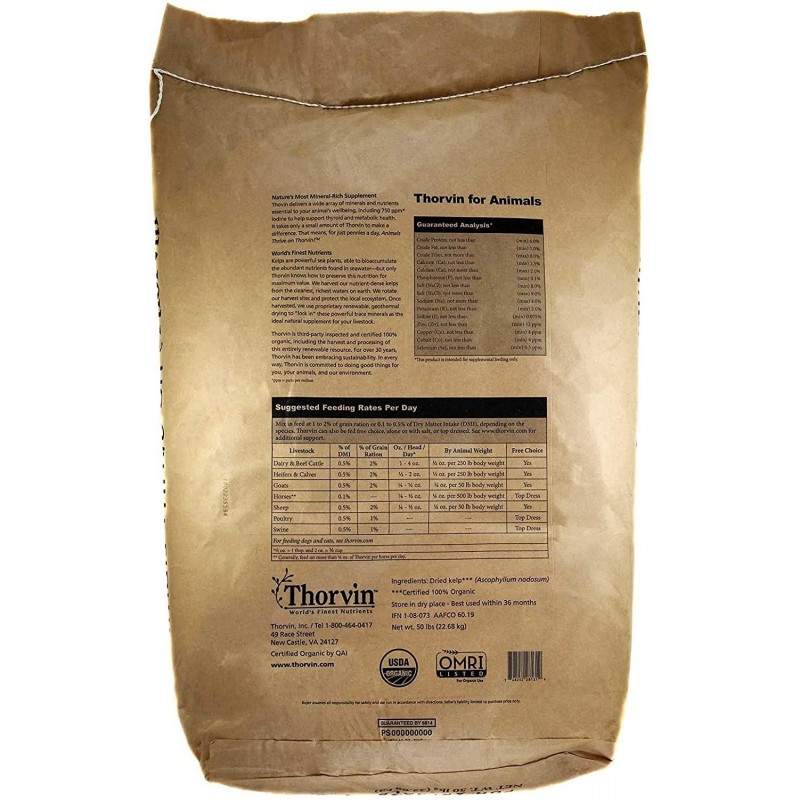 Thorvin Organic Icelandic Kelp Meal - Loaded With Nutrients That Support Your Livestock Or Pet & A Natural Seaweed Fertilizer For Plants, 50lbs.