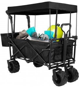 AthLike Collapsible Wagon Folding Garden Cart w/Removable Canopy, Heavy Duty Extra Large Portable Camping Beach Utilit Cart w/Adjustable Push Pull Handle, 7