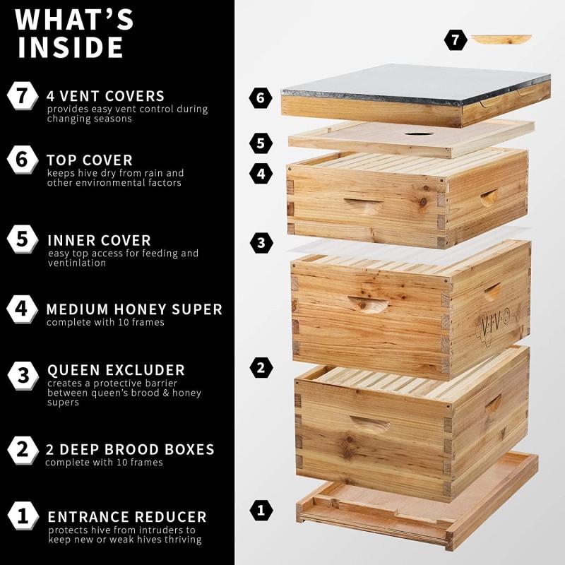 VIVO Complete Beekeeping 30 Frame Beeswax Coated Beehive Box Kit with Top Vents, 10 Medium, 20 Deep, Langstroth Bee Hive, BEE-HV04C