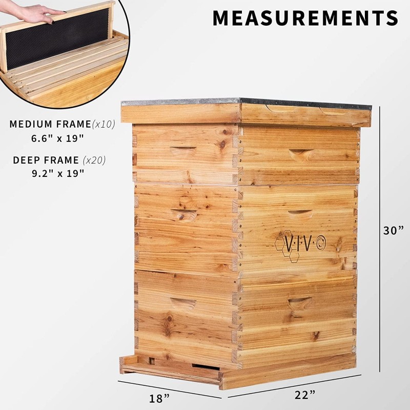 VIVO Complete Beekeeping 30 Frame Beeswax Coated Beehive Box Kit with Top Vents, 10 Medium, 20 Deep, Langstroth Bee Hive, BEE-HV04C