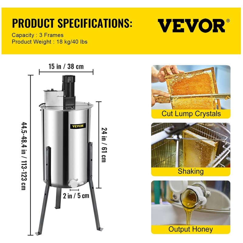 BestEquip Electric Honey Extractor 3 Frame Bee Extractor Stainless Steel Honey Spinner with Stand Beekeeping Equipment