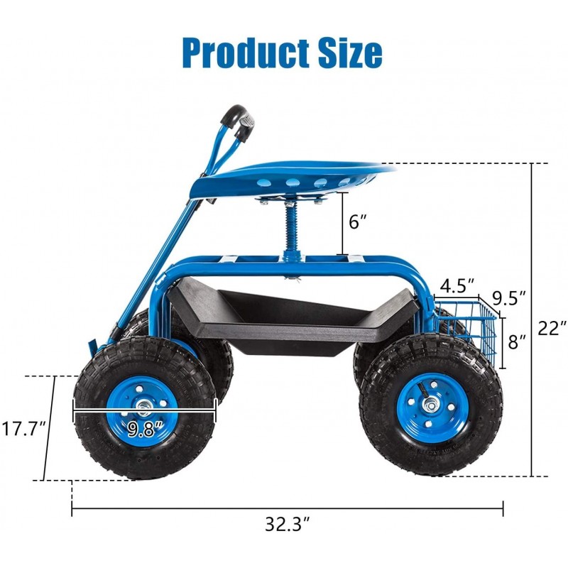 Garden Cart Rolling Scooter with Extendable Steer Handle Heavy Duty Scooter Gardening Planting