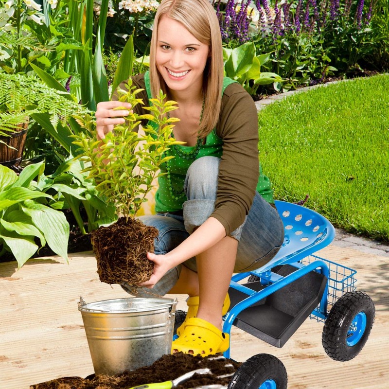 Garden Cart Rolling Scooter with Extendable Steer Handle Heavy Duty Scooter Gardening Planting