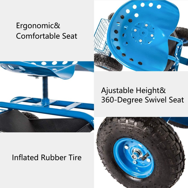 Garden Cart Rolling Scooter with Extendable Steer Handle Heavy Duty Scooter Gardening Planting