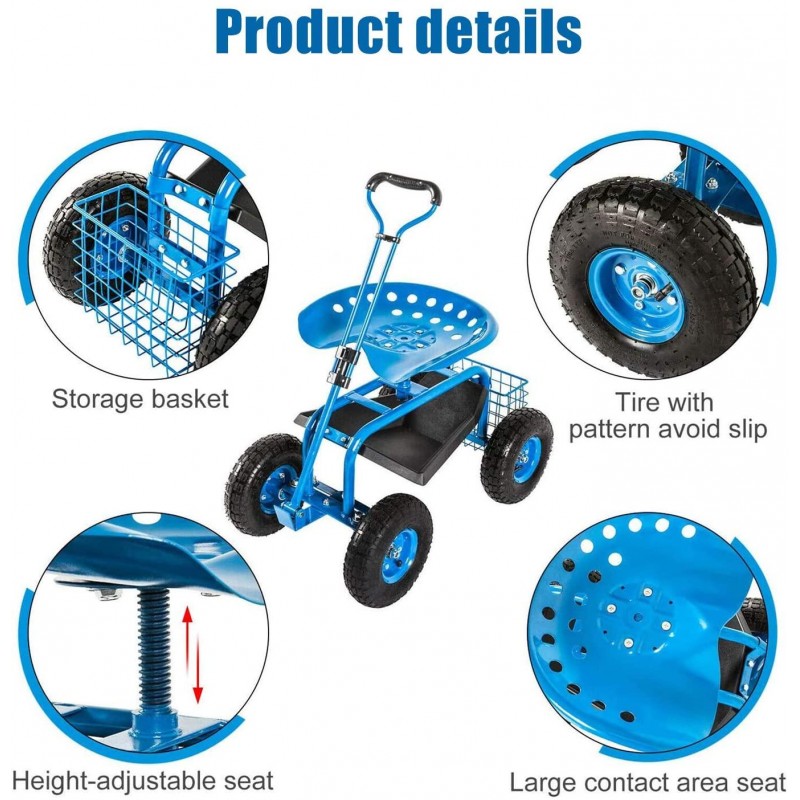 Garden Cart Rolling Scooter with Extendable Steer Handle Heavy Duty Scooter Gardening Planting