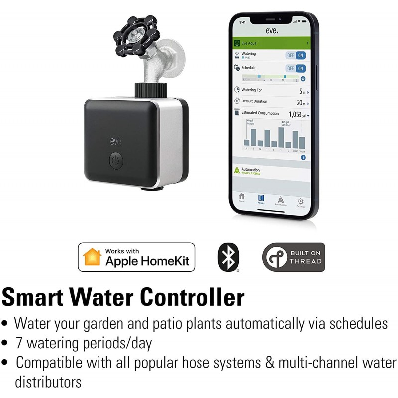 Eve Aqua – Apple HomeKit Smart Home, Smart Water Controller for Sprinkler or Irrigation System, Automate with Schedules, Bluetooth and Thread, App Compatibility