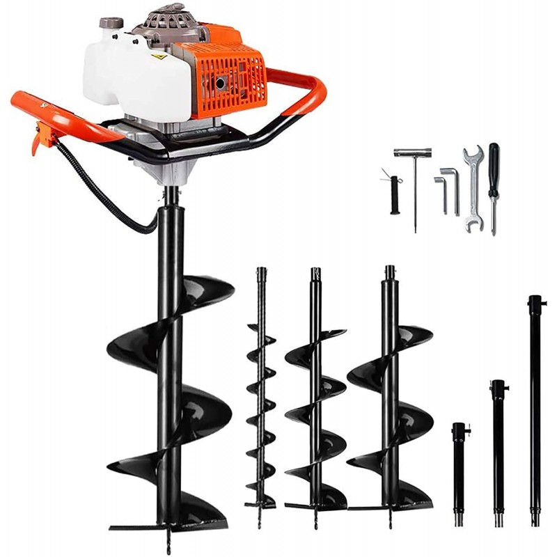 ECO LLC 63cc Auger Post Hole Digger 3.4HP 2 Stroke Petrol Gas Powered Earth Digger with 4 Auger Drill Bits (4“ 6