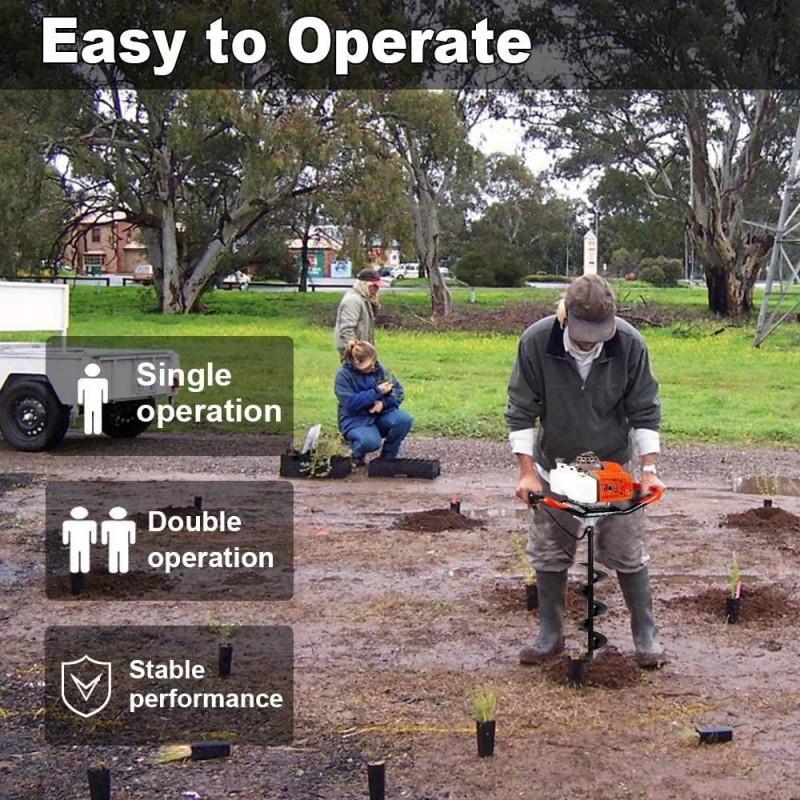 ECO LLC 63cc Auger Post Hole Digger 3.4HP 2 Stroke Petrol Gas Powered Earth Digger with 4 Auger Drill Bits (4“ 6