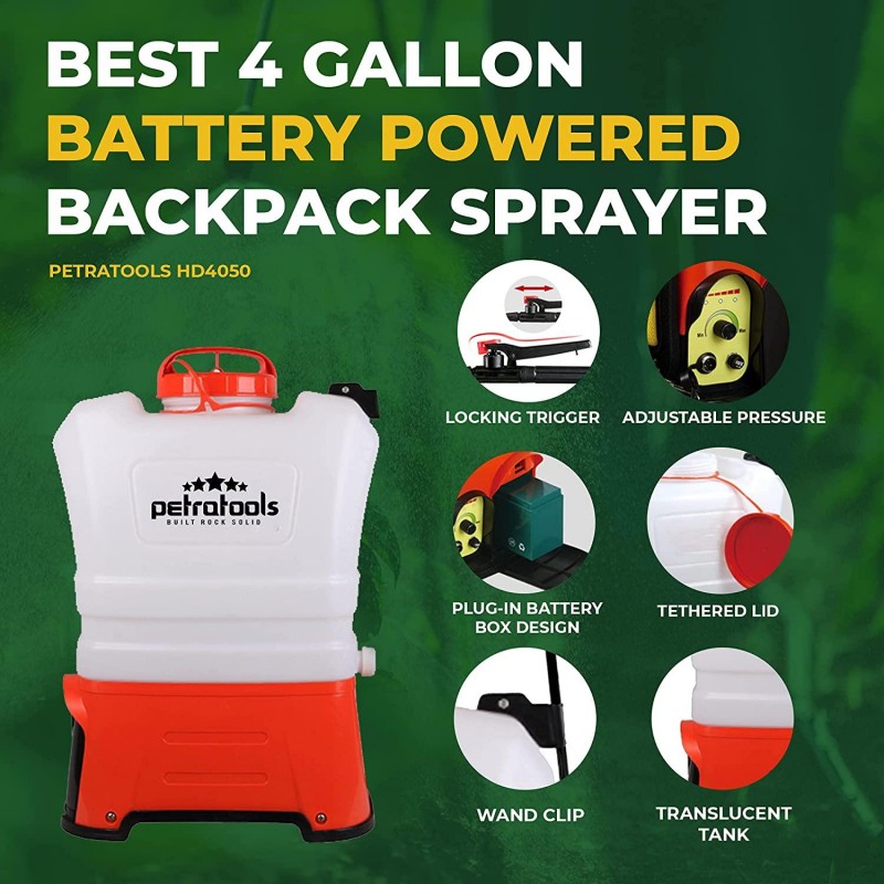 PetraTools 4 Gallon Tank Backpack Sprayer - Professional Electric Battery Powered Backpack Sprayer - HD4050 for Lawn and Garden, Weeds, Fertilizer - Multiple Nozzles