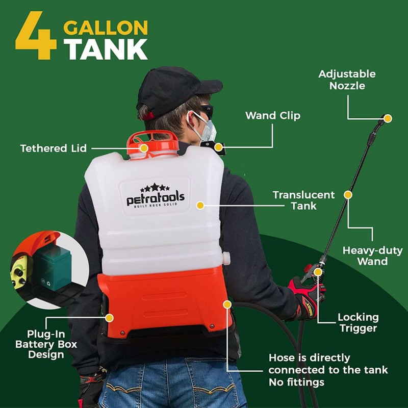 PetraTools 4 Gallon Tank Backpack Sprayer - Professional Electric Battery Powered Backpack Sprayer - HD4050 for Lawn and Garden, Weeds, Fertilizer - Multiple Nozzles