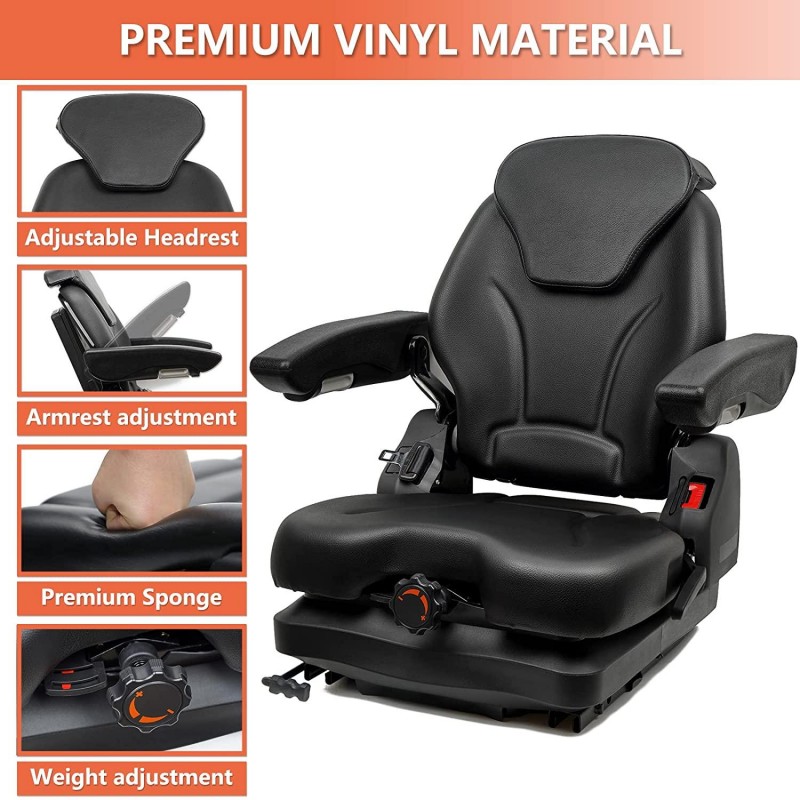 TICSEA Highback Low Suspension Tractor Seat,Adjustable Backrest Headrest and Slide Rails Forklift seat,Adjustable Armrests Shock Absorber Heavy Duty for Excavator Harvester (with Adjustable armrests)