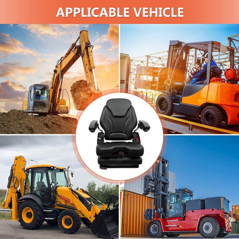 TICSEA Highback Low Suspension Tractor Seat,Adjustable Backrest Headrest and Slide Rails Forklift seat,Adjustable Armrests Shock Absorber Heavy Duty for Excavator Harvester (with Adjustable armrests)