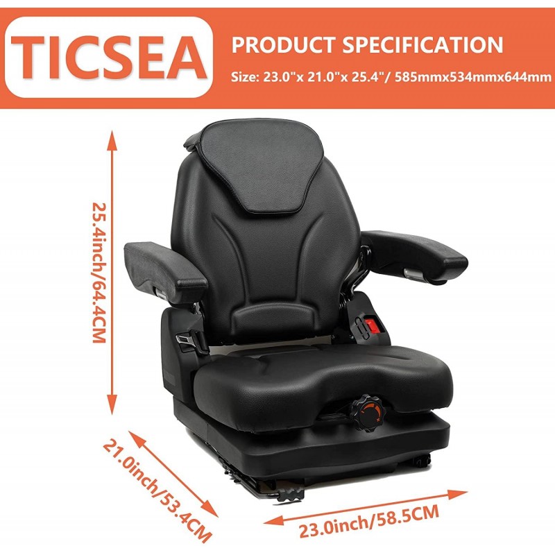 TICSEA Highback Low Suspension Tractor Seat,Adjustable Backrest Headrest and Slide Rails Forklift seat,Adjustable Armrests Shock Absorber Heavy Duty for Excavator Harvester (with Adjustable armrests)