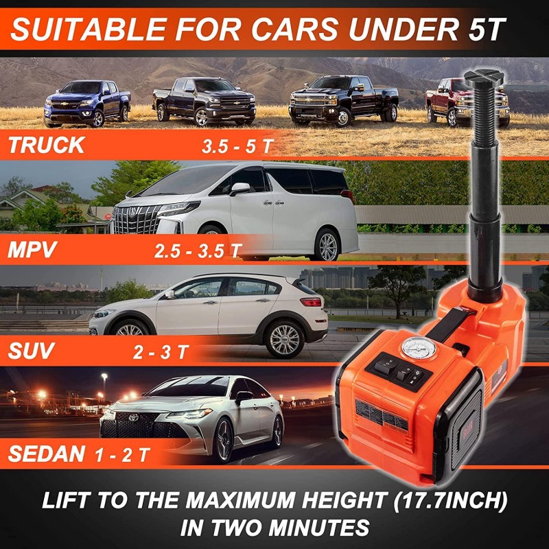 E-HEELP Electric Car Jack Kit 5Ton 12V Hydraulic Car Jack Lift with Electric Impact Wrench for SUV MPV Sedan Truck Change Tires Garage Repair