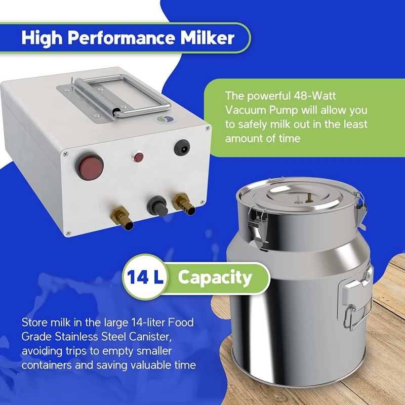 CLAREXA Goat Milking Machine 14L, Electric Vacuum Pulsation Pump Milker, 2 in 1 Goat & Sheep Milker, with 14L Food Grade Stainless Steel Cannister, Overflow Auto-Stop