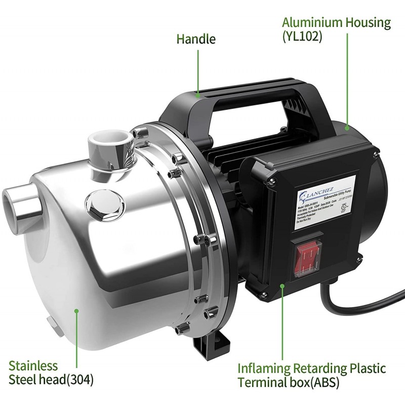 Lanchez 1 HP Shallow Well Pump，Garden Pump, Portable Stainless Steel Water Transfer Draining Irrigation Jet Pump for Water Removal, Lawn Fountain Pump 1294 GPH 147 Feet Height