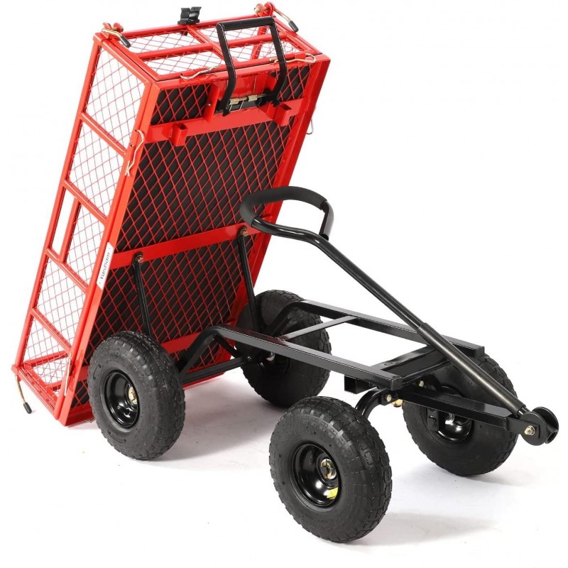 Yardsam Heavy Duty Steel Dump Garden Cart, Utility Outdoor Lawn Dump Wagon 400Lbs Capacity with Removable Sides, 10 Inch Pneumatic Wheels, Plastic Mat and 600D PVC Wagon Liner (Red)