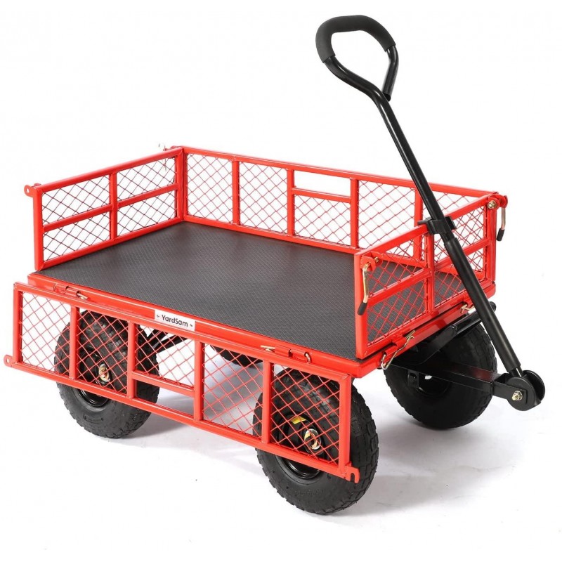 Yardsam Heavy Duty Steel Dump Garden Cart, Utility Outdoor Lawn Dump Wagon 400Lbs Capacity with Removable Sides, 10 Inch Pneumatic Wheels, Plastic Mat and 600D PVC Wagon Liner (Red)