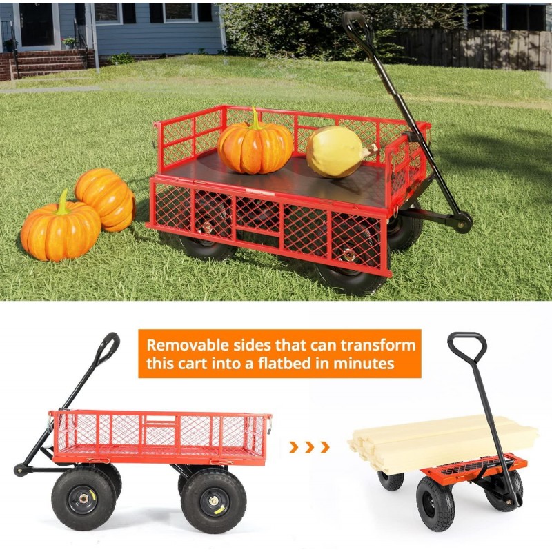 Yardsam Heavy Duty Steel Dump Garden Cart, Utility Outdoor Lawn Dump Wagon 400Lbs Capacity with Removable Sides, 10 Inch Pneumatic Wheels, Plastic Mat and 600D PVC Wagon Liner (Red)