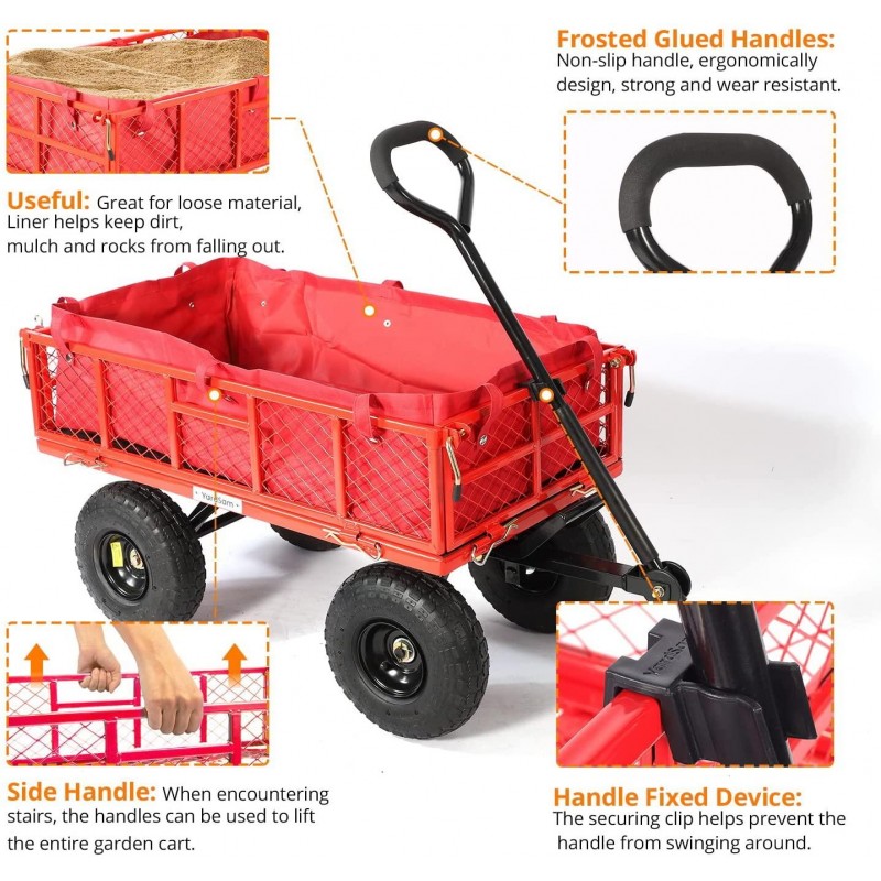 Yardsam Heavy Duty Steel Dump Garden Cart, Utility Outdoor Lawn Dump Wagon 400Lbs Capacity with Removable Sides, 10 Inch Pneumatic Wheels, Plastic Mat and 600D PVC Wagon Liner (Red)