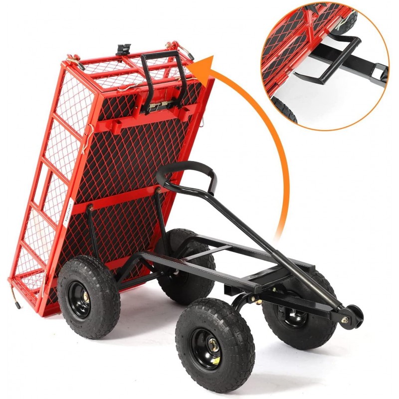 Yardsam Heavy Duty Steel Dump Garden Cart, Utility Outdoor Lawn Dump Wagon 400Lbs Capacity with Removable Sides, 10 Inch Pneumatic Wheels, Plastic Mat and 600D PVC Wagon Liner (Red)