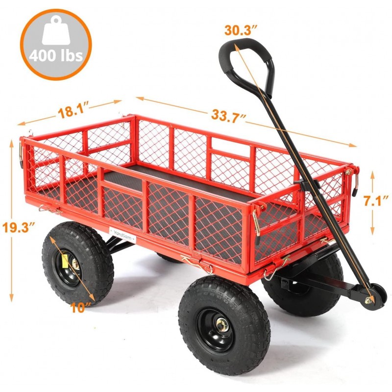 Yardsam Heavy Duty Steel Dump Garden Cart, Utility Outdoor Lawn Dump Wagon 400Lbs Capacity with Removable Sides, 10 Inch Pneumatic Wheels, Plastic Mat and 600D PVC Wagon Liner (Red)