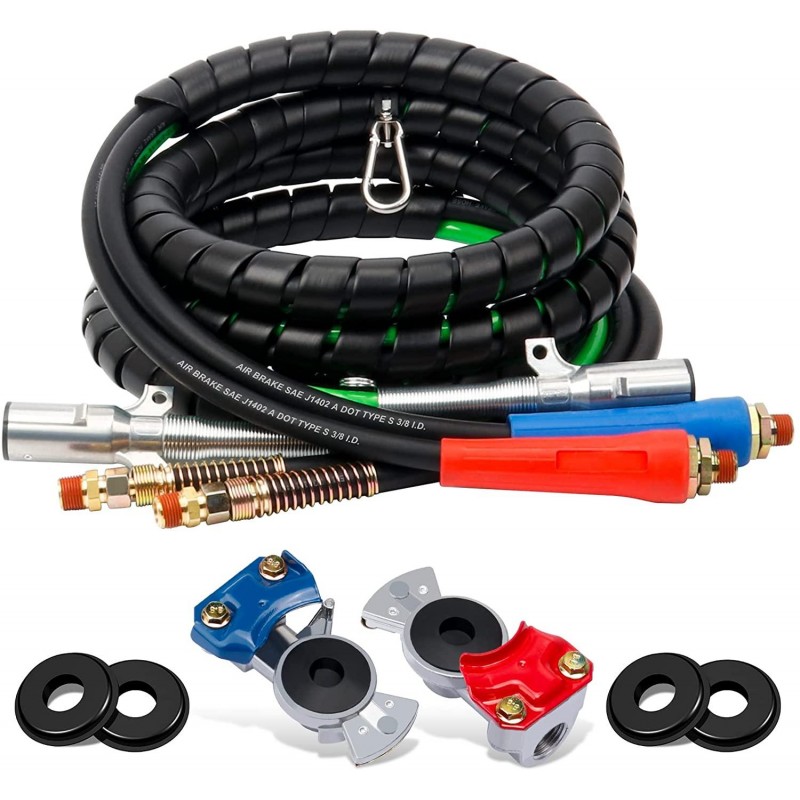 YiaChuii 15 FT Semi Air Hose Airline with Glad Hand, 3 in 1 ABS Semi Truck Air Line Kit 4 PCS Gladhand Seals Air Lines for Tractor Trailer