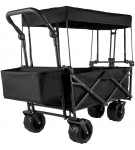 Happbuy Extra Large Collapsible Garden Cart with Removable Canopy, Folding Wagon Utility Carts with Wheels and Rear Storage, Wagon Cart for Garden, Camping, Grocery Cart, Shopping Cart, Black