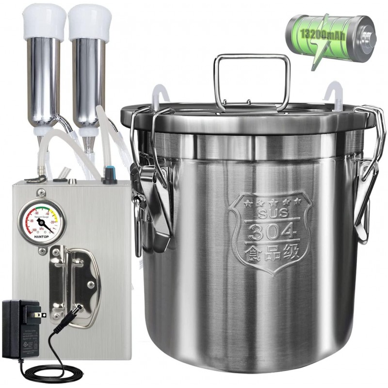 Hantop 12L Cow Milking Machine, Rechargeable Pulsation Speed Adjustable Vacuum Pump with Pressure Gauge, 304 Stainless Steel Bucket Cow Milker Machine (Pro Plus)